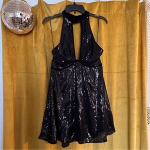 Free People Film Noir Black Sequin Halter Dress